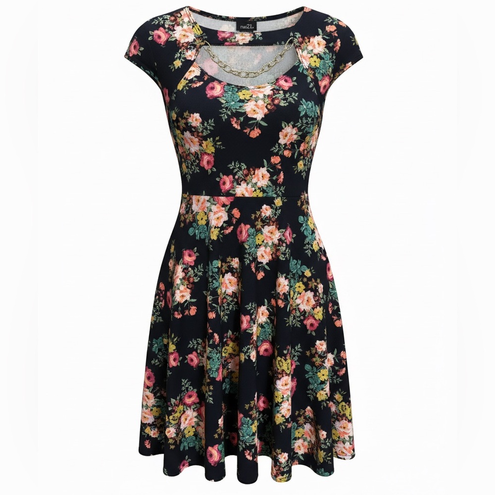 Rue21 Black Floral Fit & Flare Dress with Pink and Cream Blooms